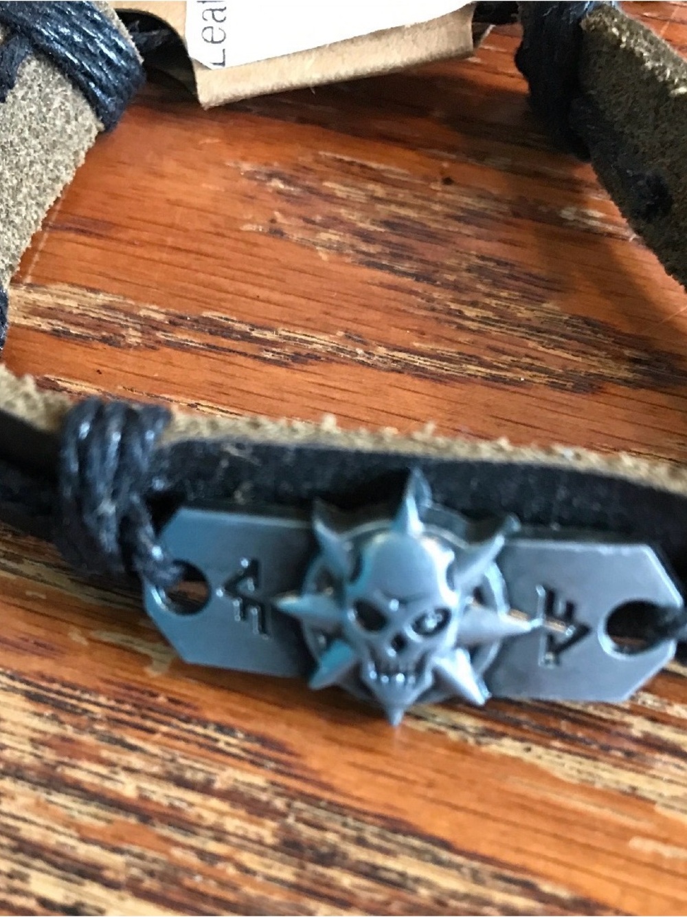 Men's Black Leather Bracelet with Skull & Spike Accent